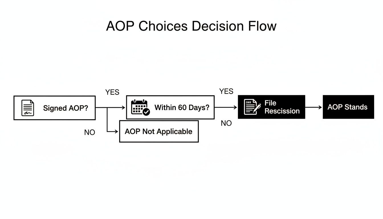 Flowchart illustrating AOP Choices Decision Flow, detailing steps for rescission based on timeframes.