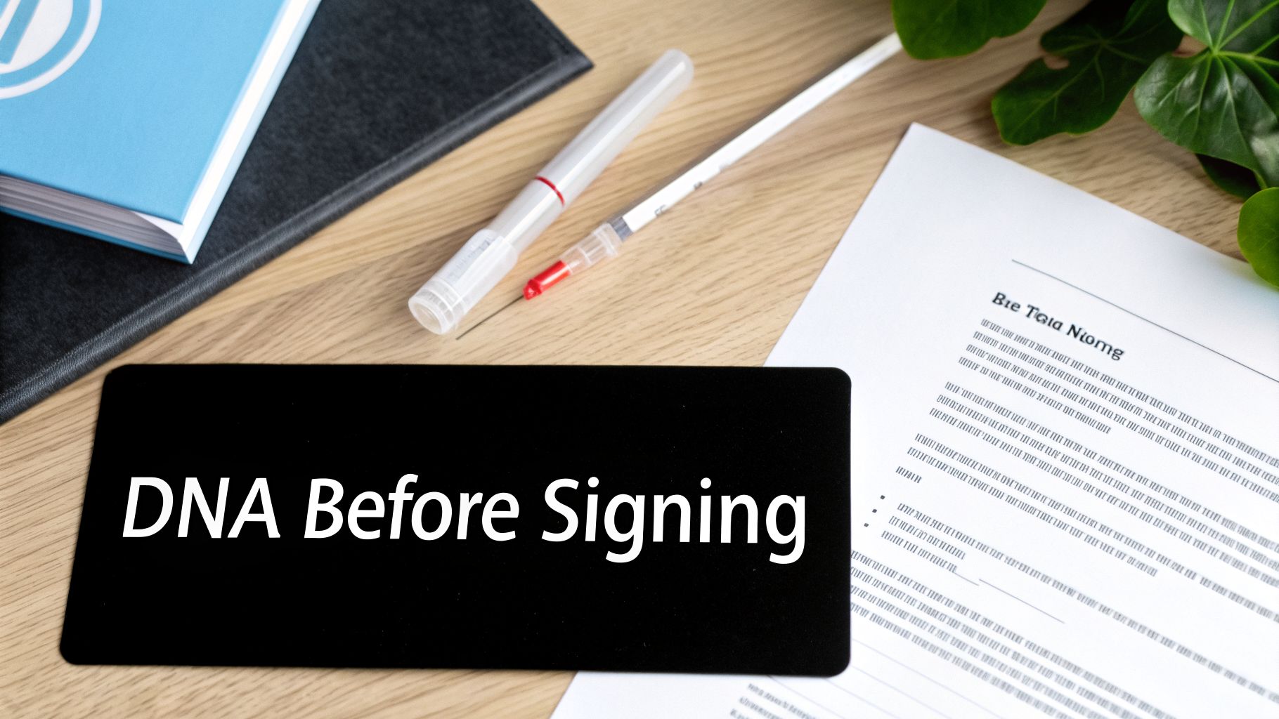 Desk setup with a black sign reading 'DNA Before Signing', medical tools, and a legal document.