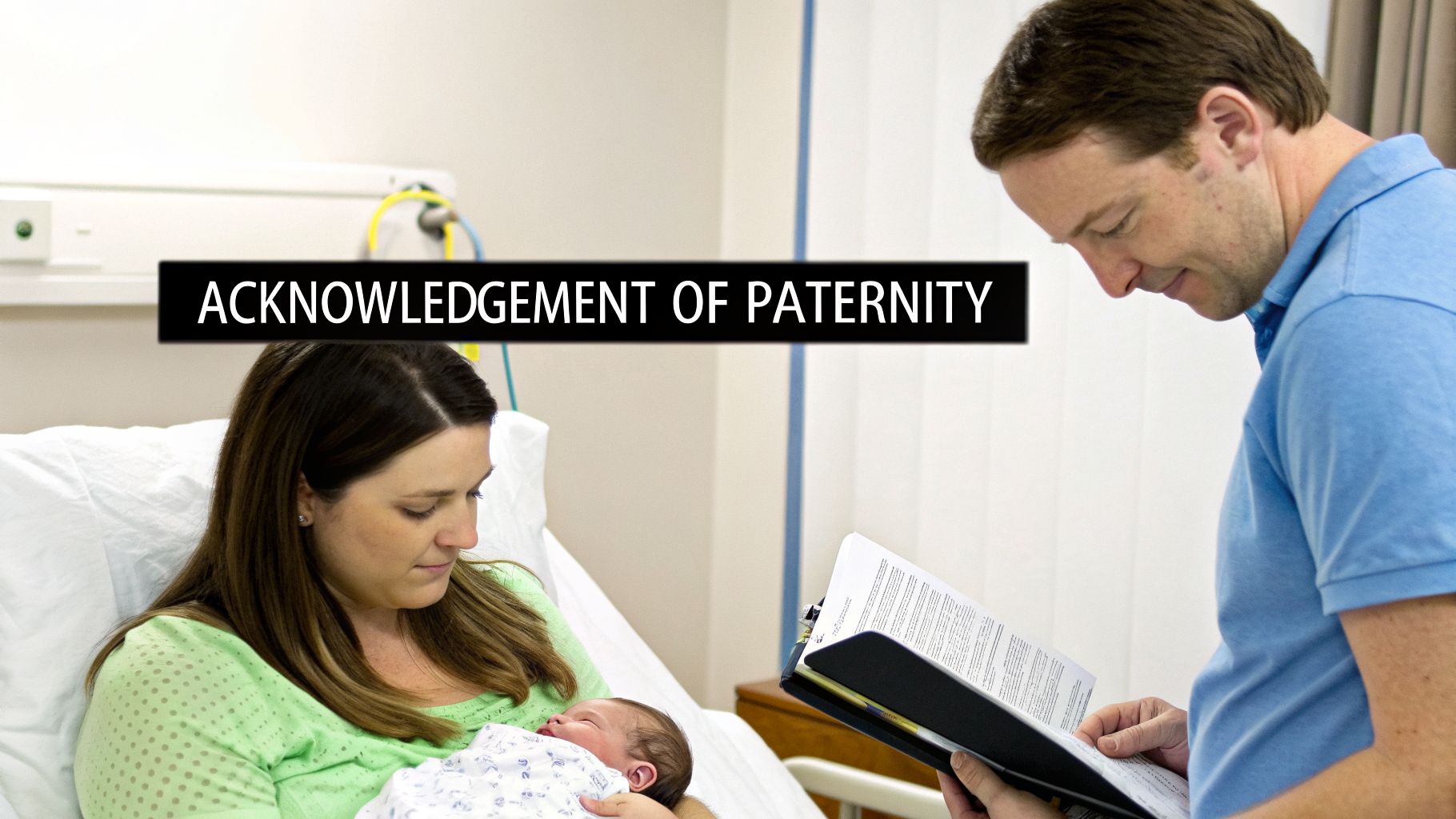 New parents in a hospital room with their baby, acknowledging paternity on paperwork.