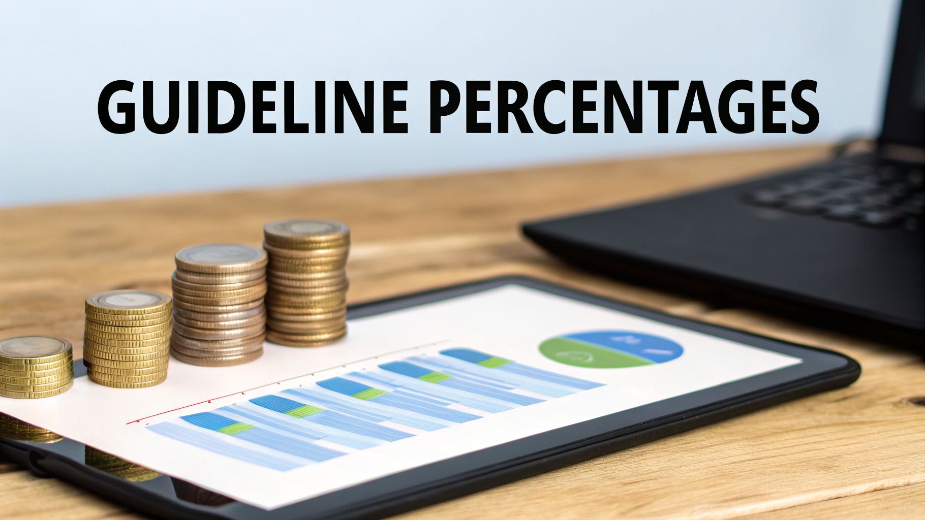 Text 'GUIDELINE PERCENTAGES' above increasing stacks of coins and a tablet displaying financial charts.