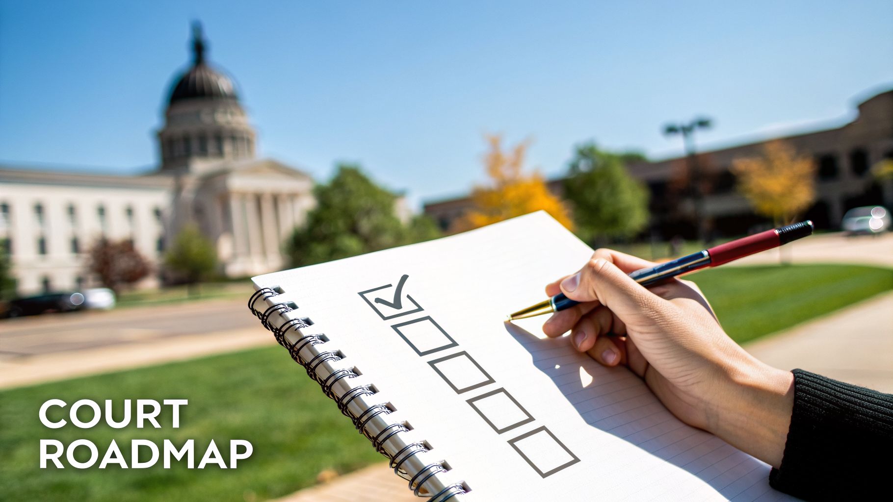 A person's hand marks a checkbox on a notebook, symbolizing steps for a court roadmap with a courthouse background.