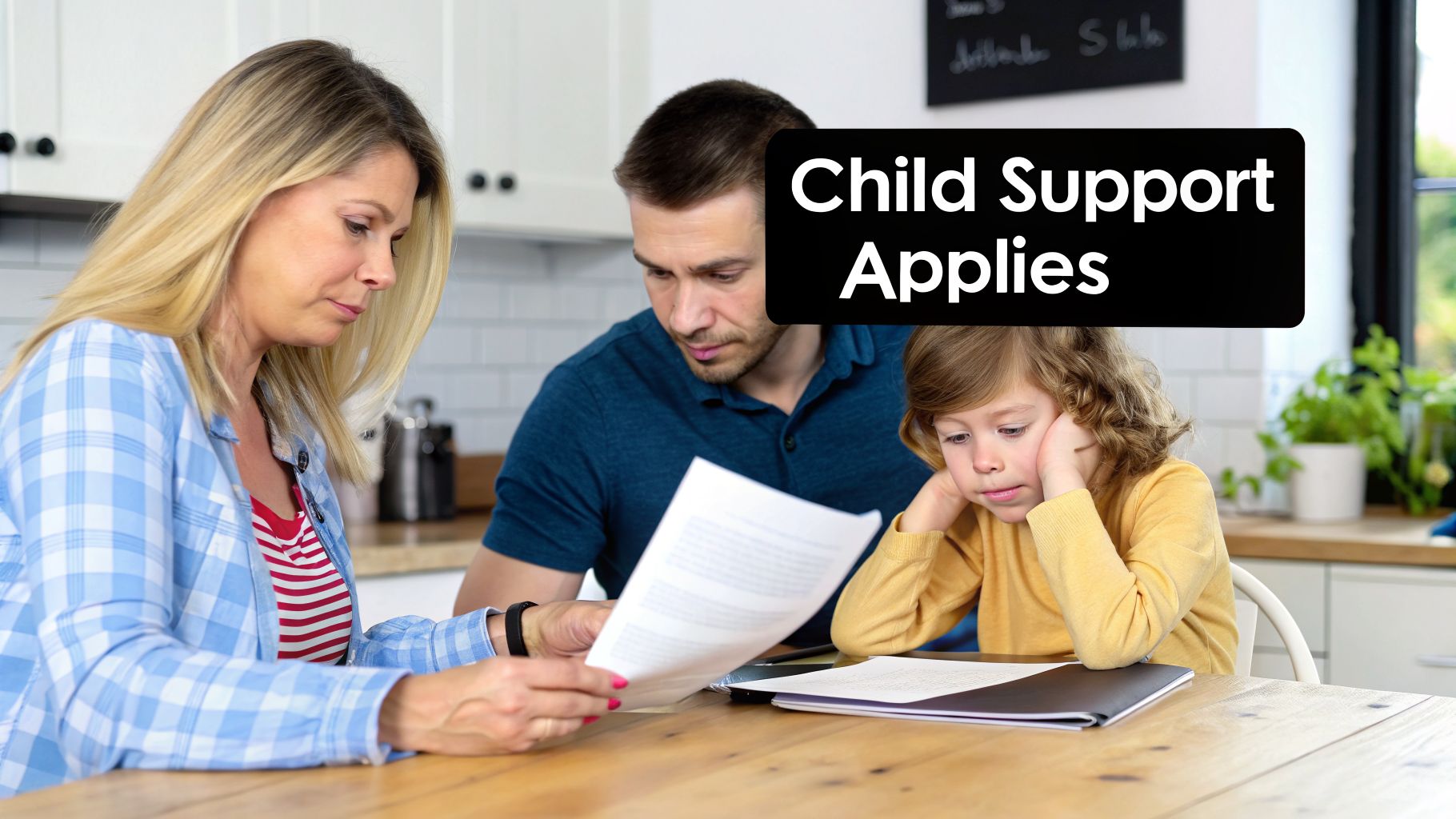 A family, including parents and a child, reviews documents with concerned expressions about child support.
