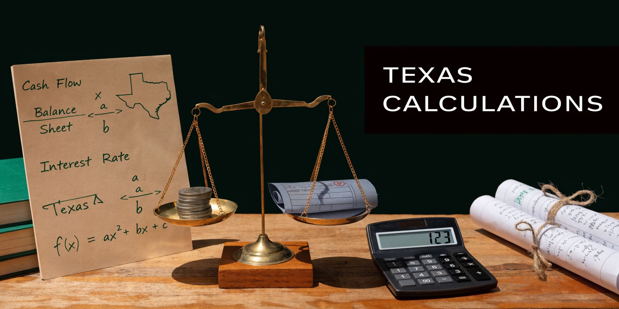 An old balance scale with coins and documents sits on a wooden desk with a calculator.
