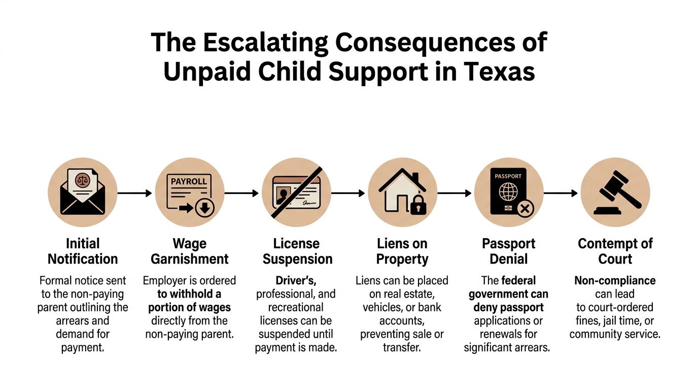 A flow chart illustrating the escalating legal consequences for unpaid child support in the state of Texas.