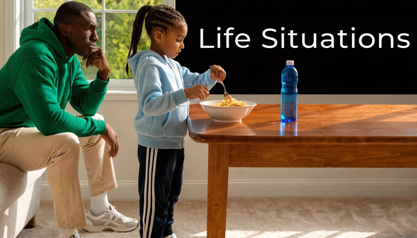 A concerned father watches his young daughter eat pasta at a dining table at home.
