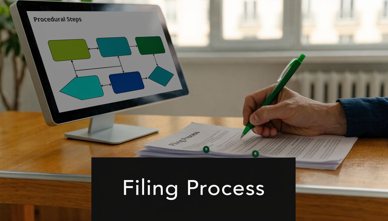 A person writing on documents labeled Filing Process while a flowchart is displayed on a computer screen.