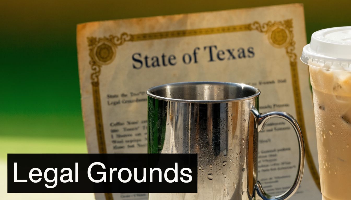A stainless steel mug and an iced coffee next to a State of Texas legal document.