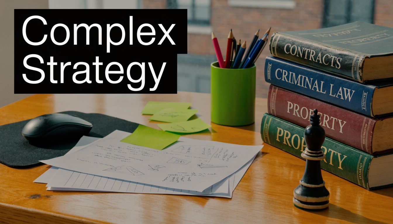 Legal textbooks, a chess piece, and notes on a desk representing complex legal strategy planning.