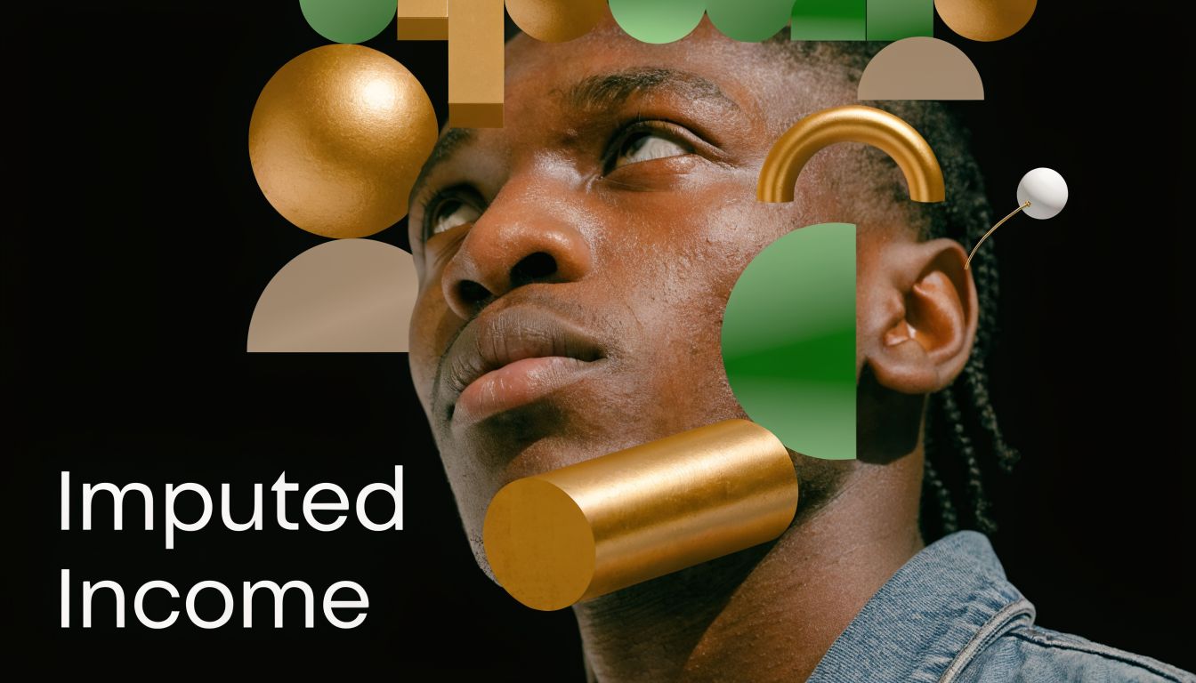 A thoughtful young man surrounded by various gold and green 3D geometric shapes against a black background.