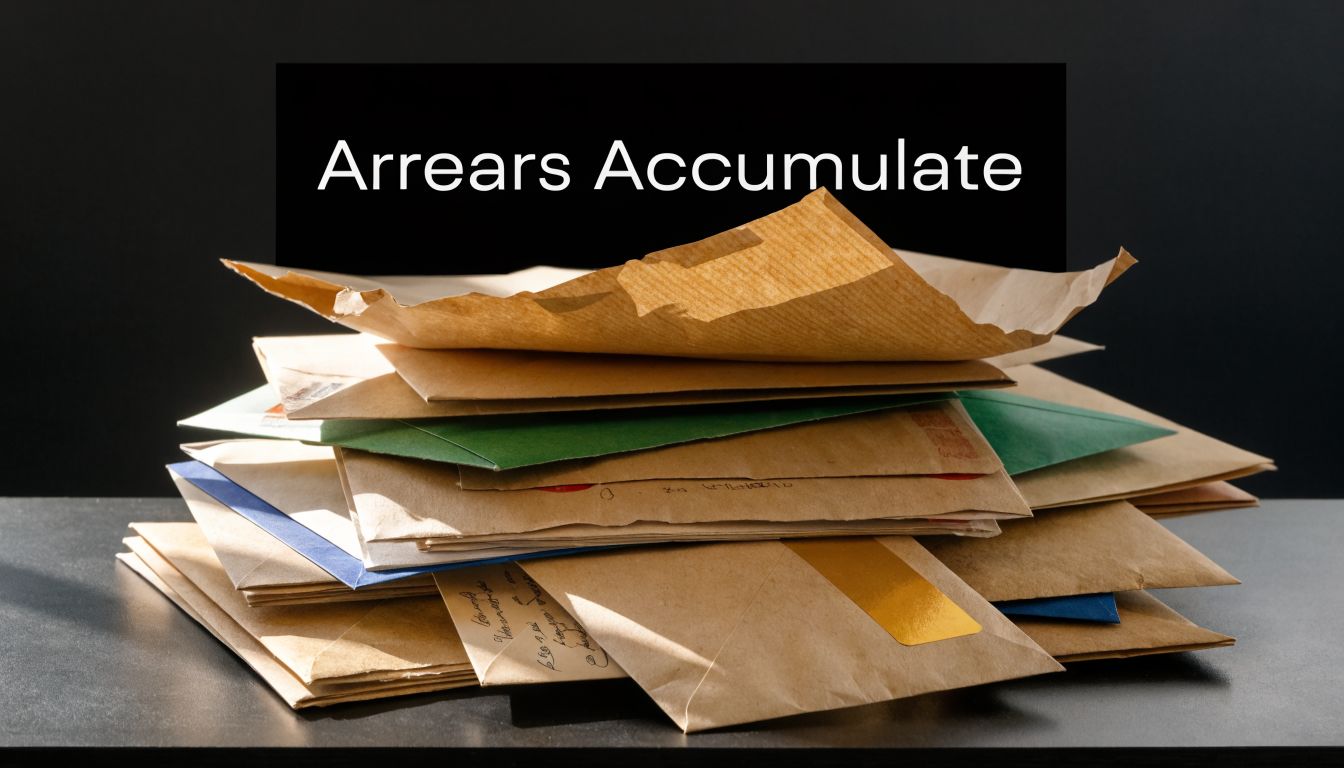 A stack of various unopened mail envelopes sitting on a dark desk representing accumulated debt and arrears.