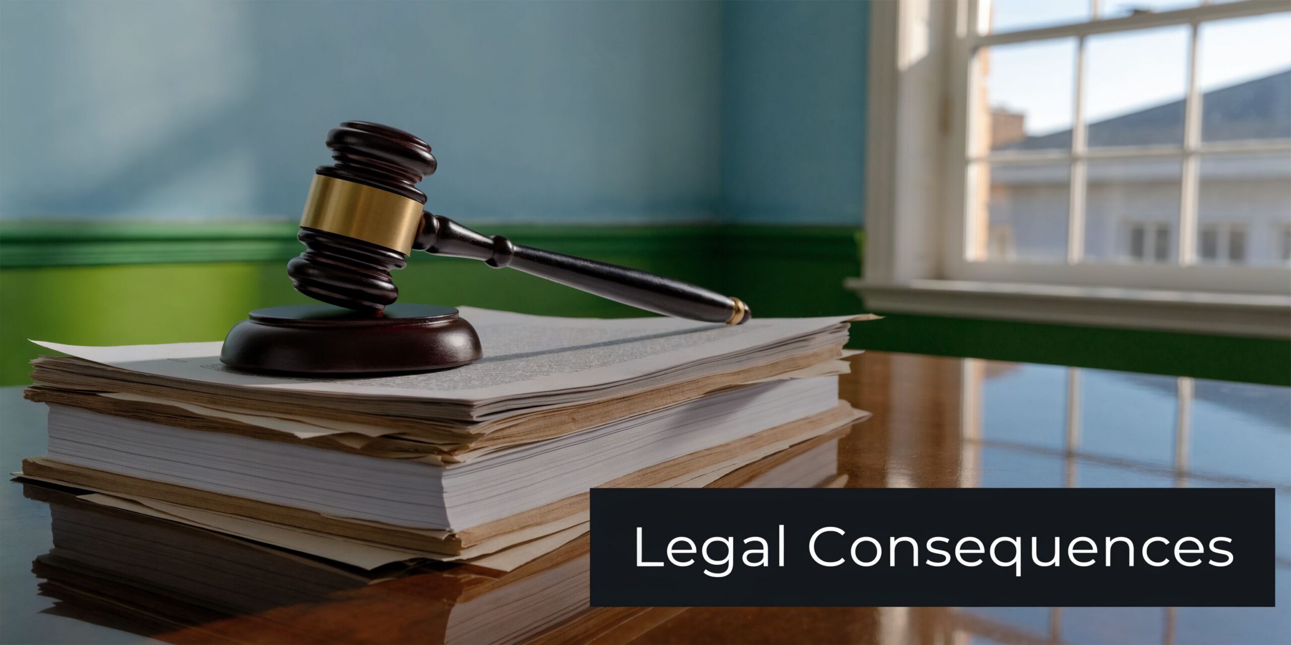 A wooden gavel resting on a stack of legal documents placed on a polished dark wood desk.