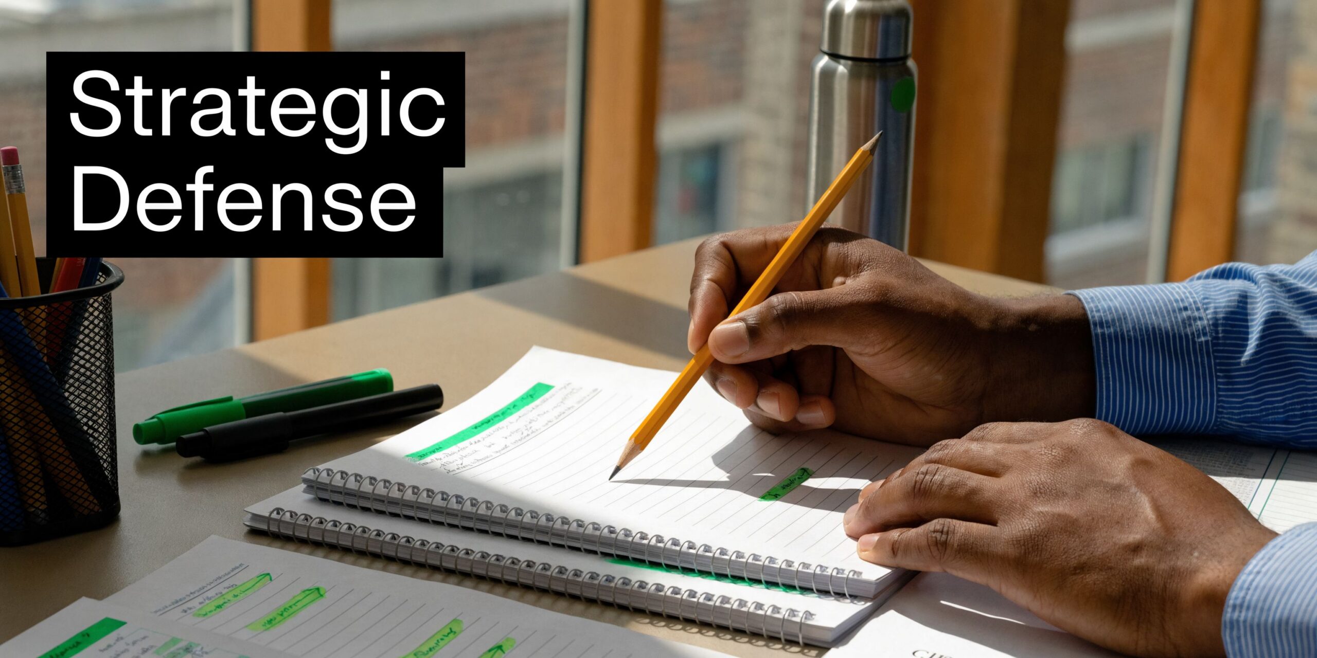 A professional writing in a notebook at a desk with supplies, related to legal strategic defense.