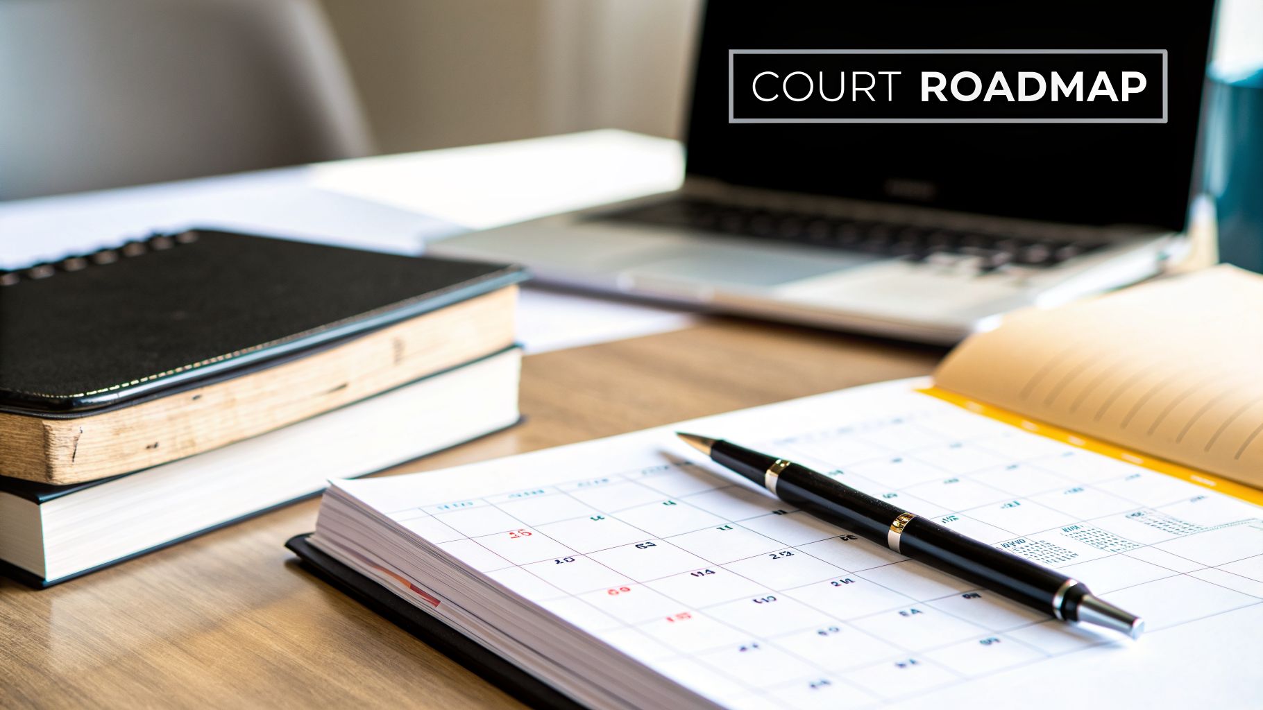 A desk with a calendar, pen, laptop displaying "COURT ROADMAP", and stacked books.