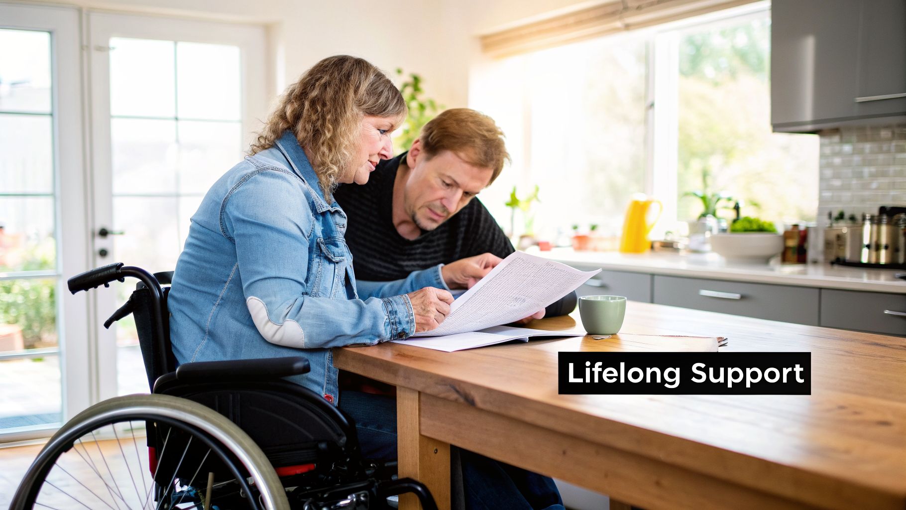 A woman in a wheelchair and a man review documents together at a kitchen table, symbolizing support.