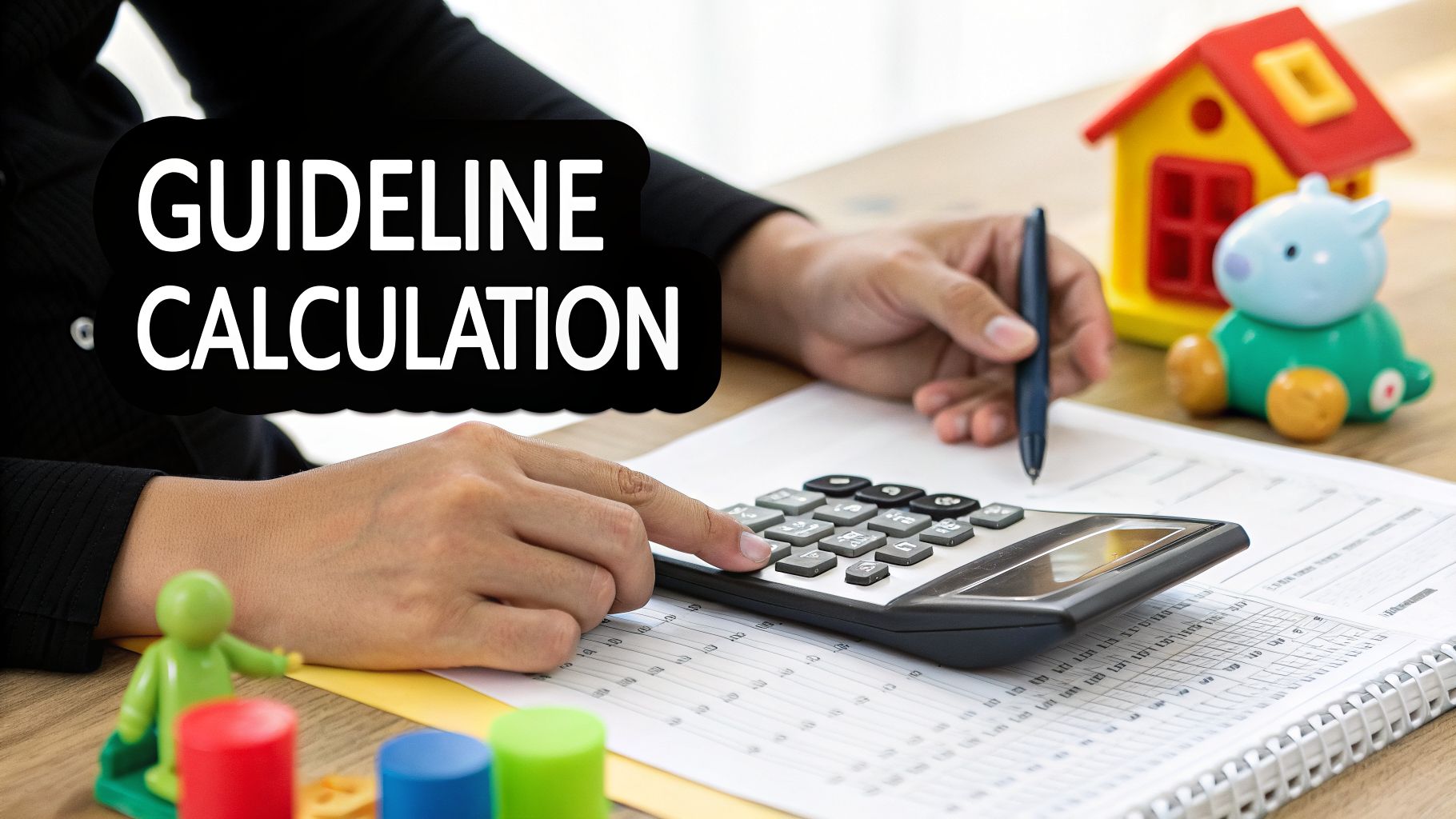 Person calculating with a calculator, pen, documents, and a house model, emphasizing guideline calculations.