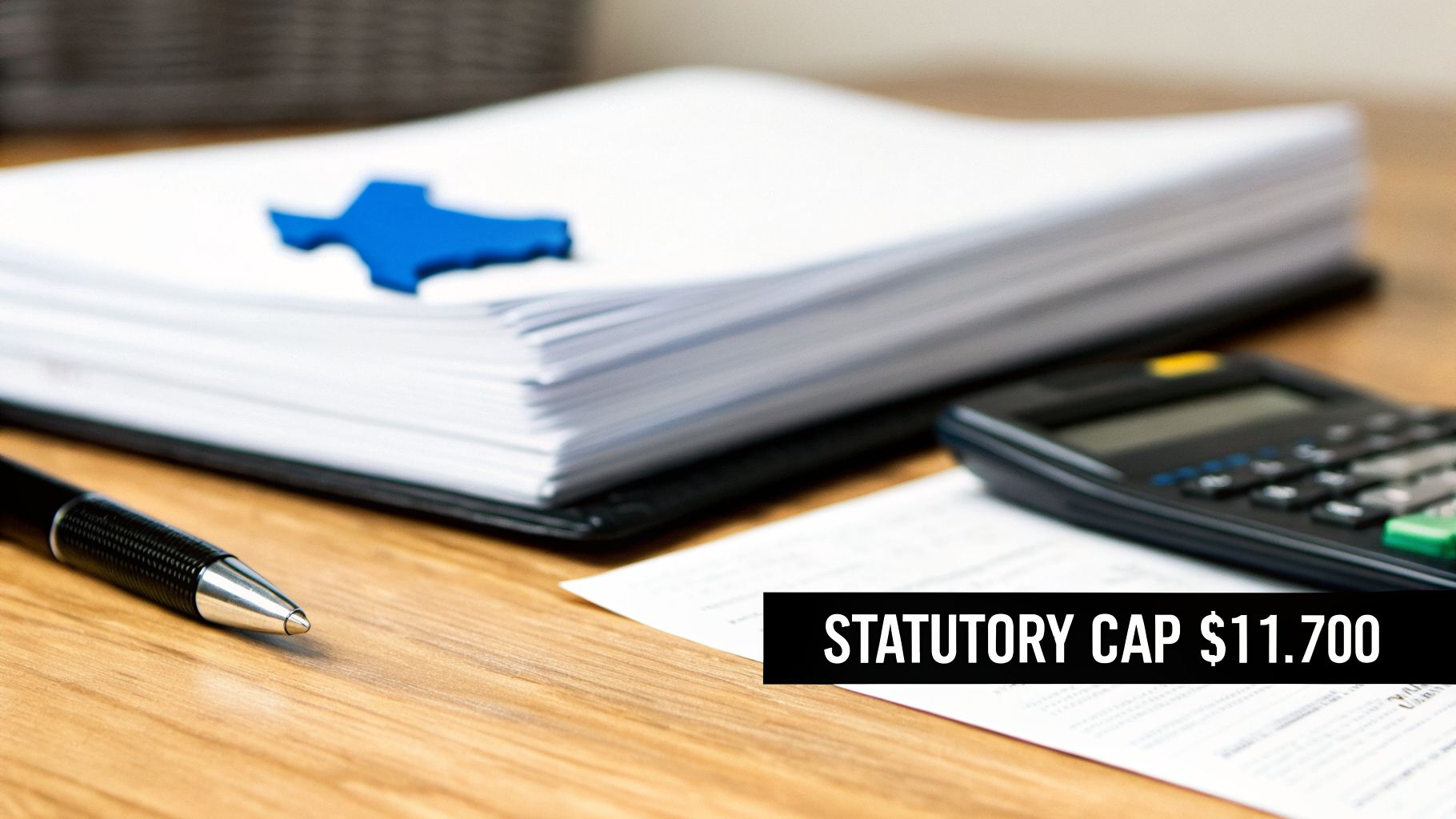 A desk with a stack of papers, a Texas map, a calculator, and text 'STATUTORY CAP $11.700'.