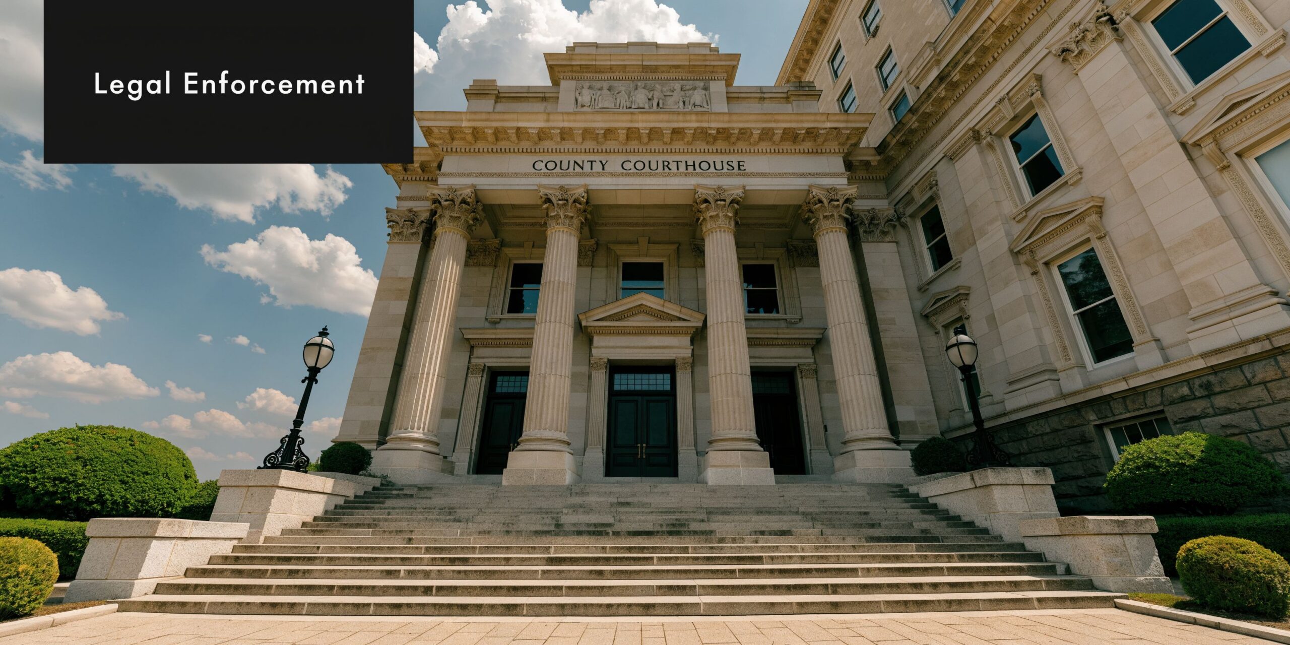 A wide angle view of a grand stone county courthouse building with large columns and stairs.
