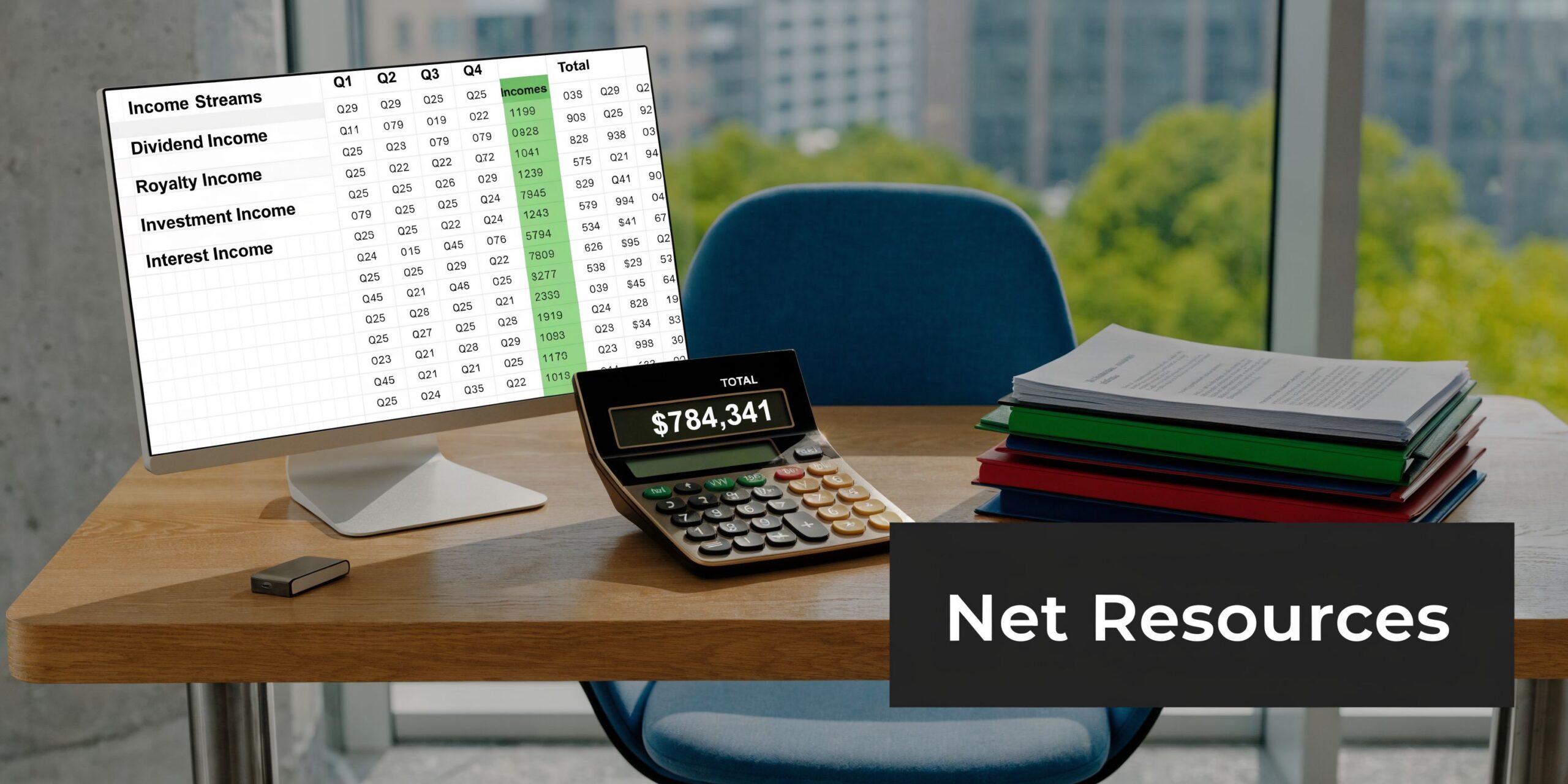 A digital screen displays income stream financial data on a wooden desk next to a calculator.