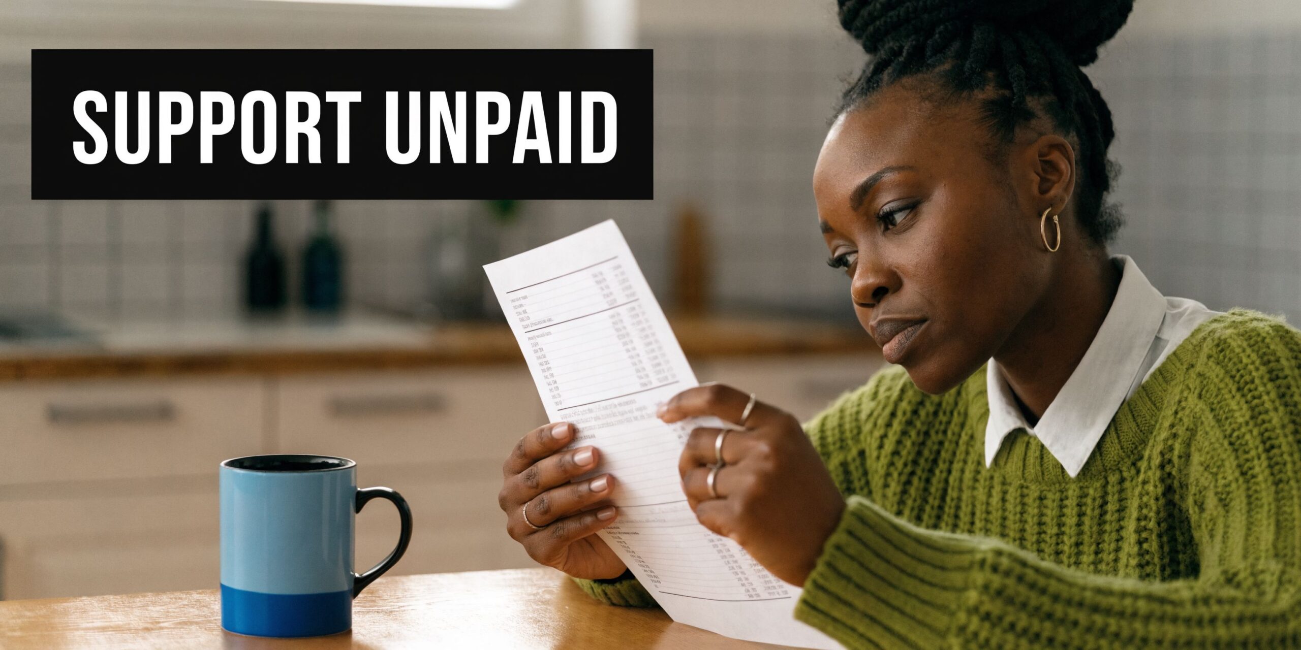 A concerned woman wearing a green sweater reviews a financial document while sitting at a wooden table.