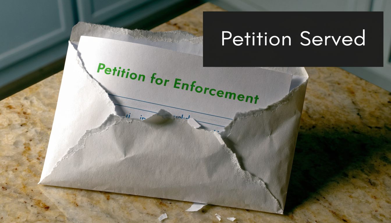 An opened white envelope sits on a countertop containing a formal legal petition for enforcement document.