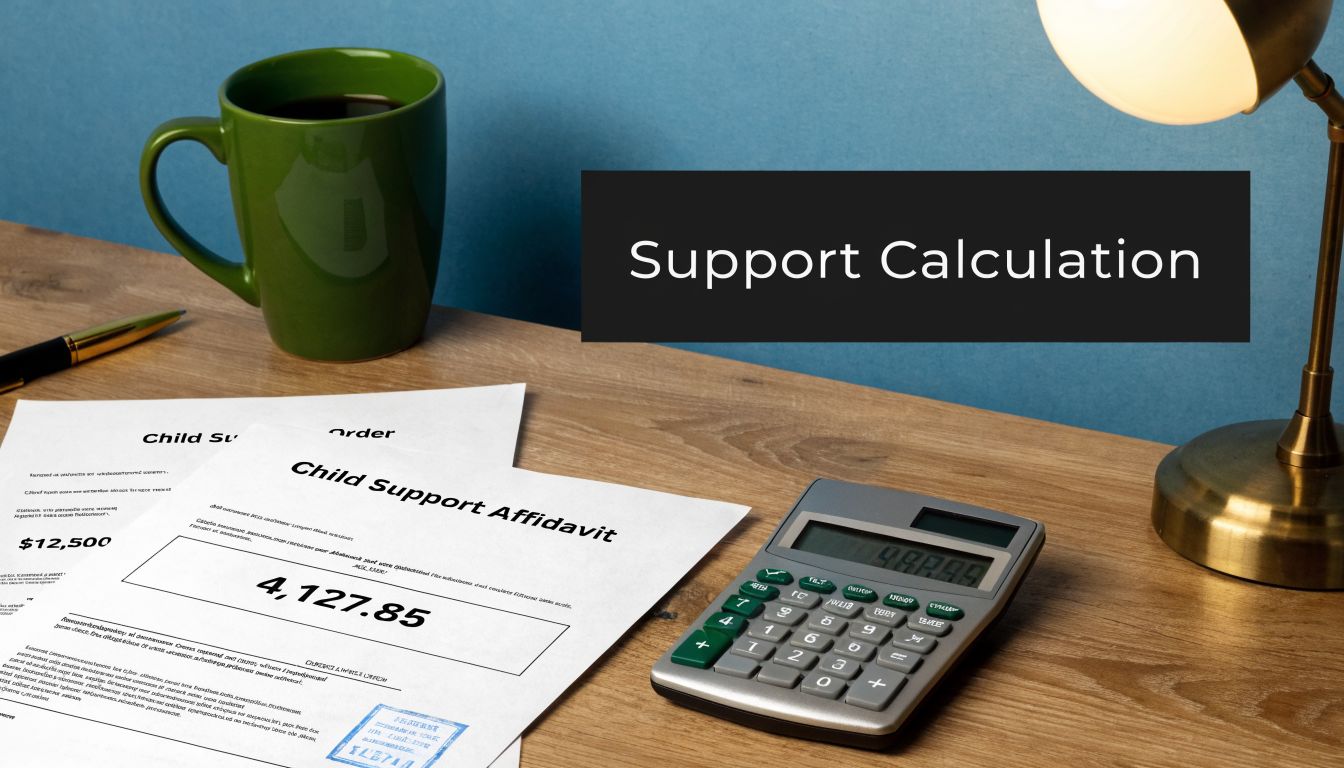A calculator and financial documents for child support on a wooden desk near a mug and lamp.