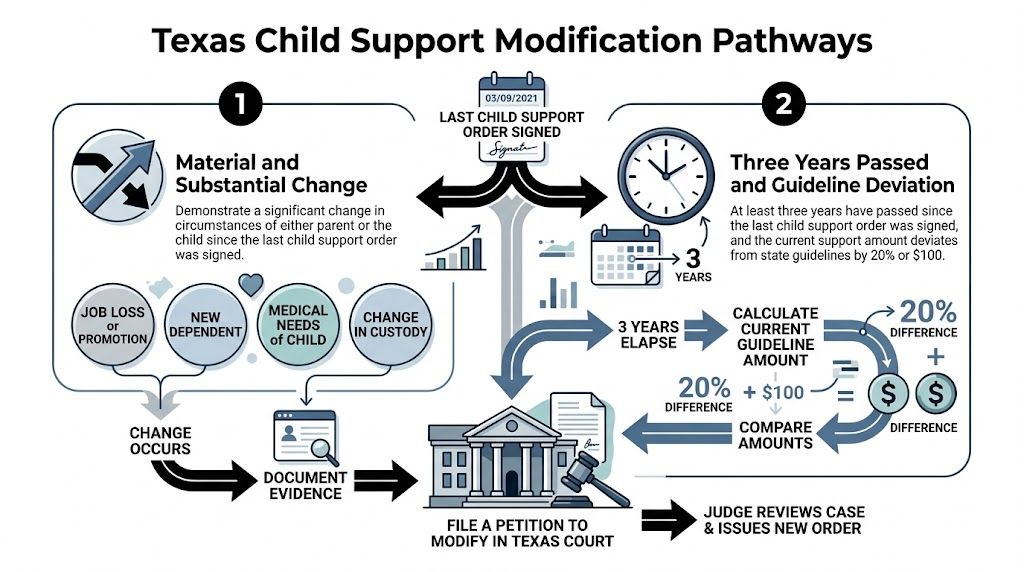 An infographic showing the two legal pathways to modify child support orders in Texas court.