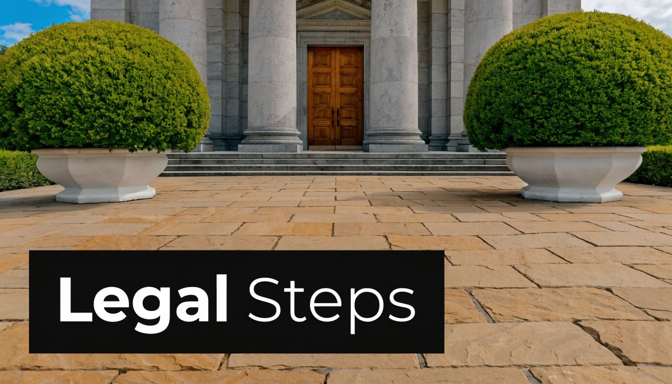 A grand stone building entrance with two large spherical topiary bushes flanking the front steps.