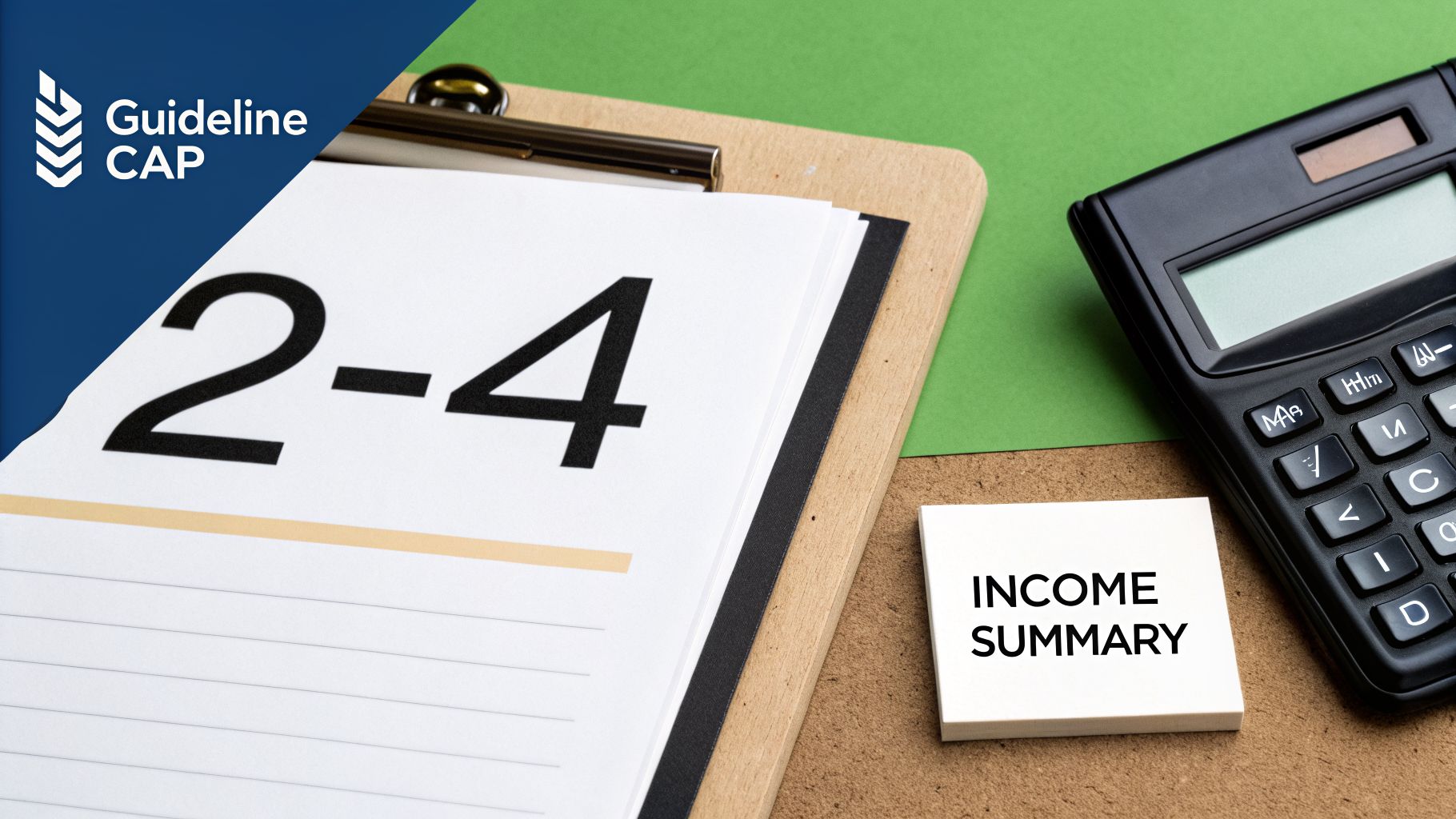 A clipboard with a notebook displaying '2-4', a calculator, and an 'Income Summary' note on a desk.