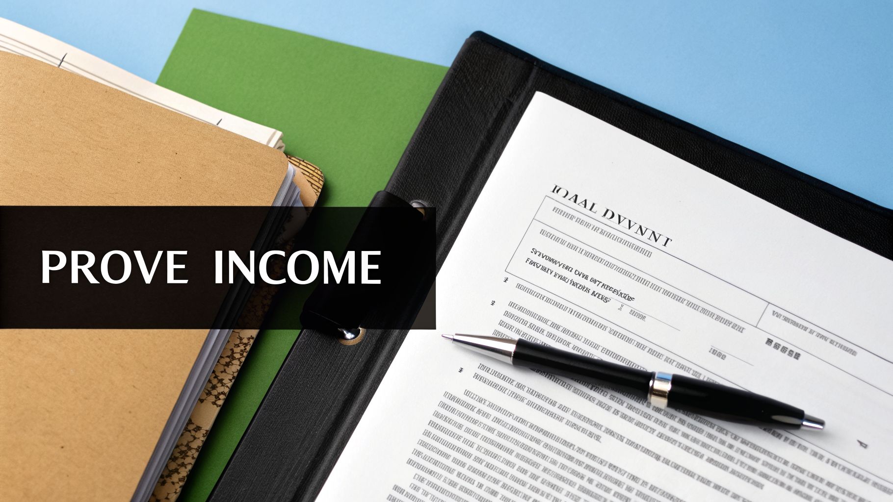 A top-down view of various documents, a pen, and notebooks with a black overlay stating 'PROVE INCOME'.