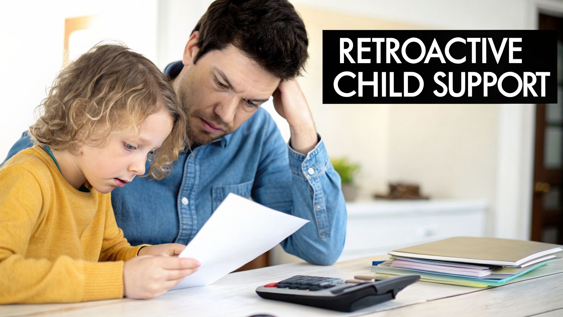 A thoughtful father and son review financial documents and a calculator at a table.