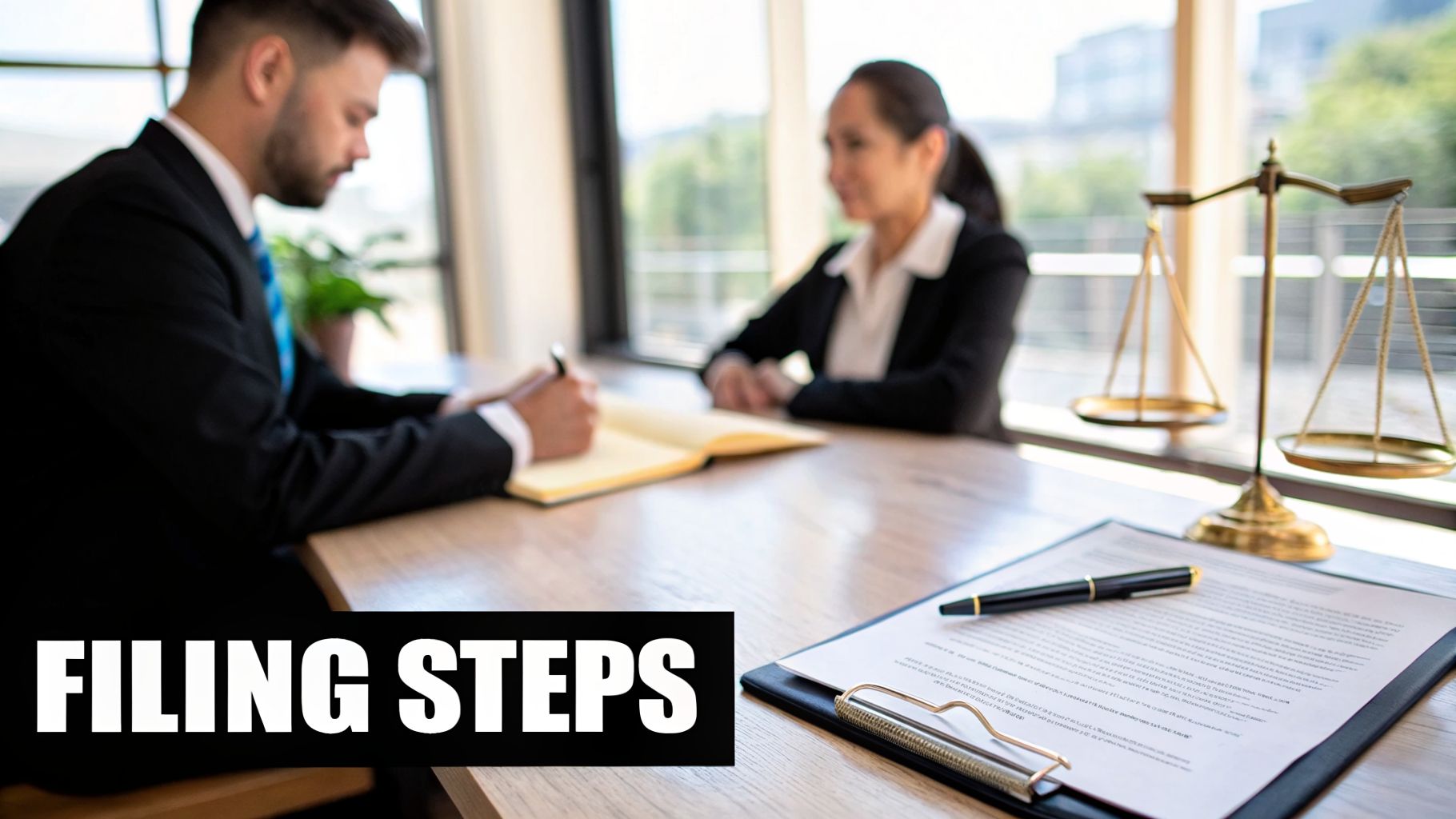 Two legal professionals discussing documents, one writing, with scales of justice and a contract.