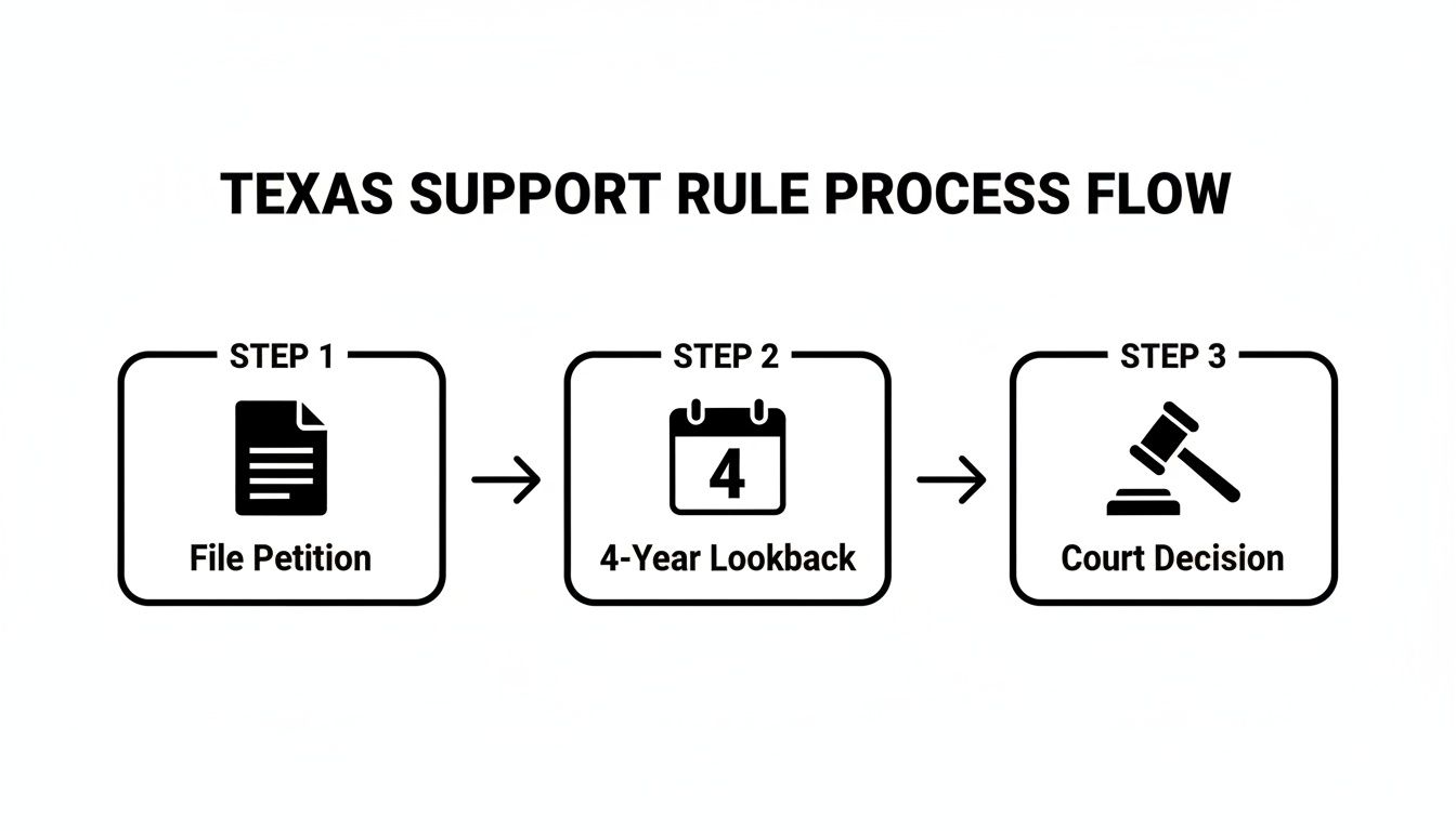 A flowchart illustrating the Texas support rule process: File Petition, 4-Year Lookback, and Court Decision.