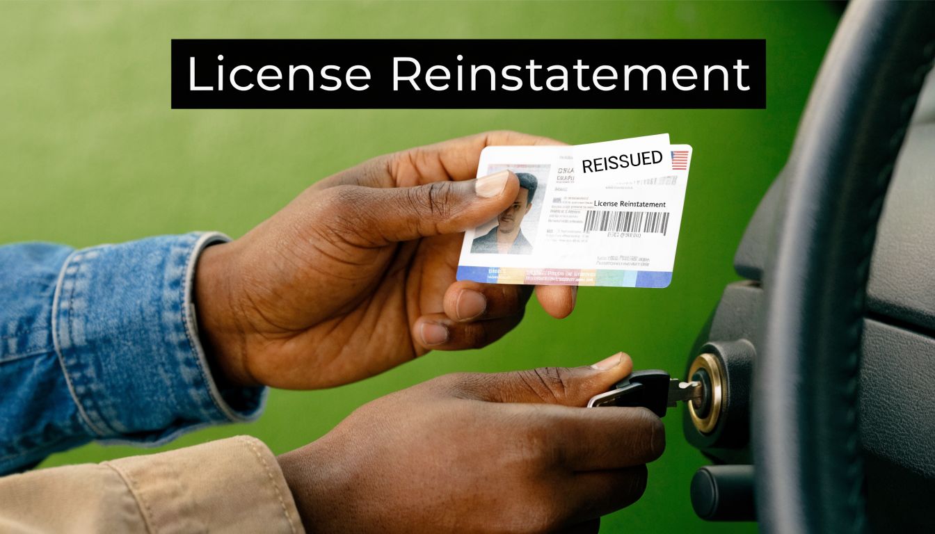 A person holding a reissued driver's license while inserting a car key into the ignition.