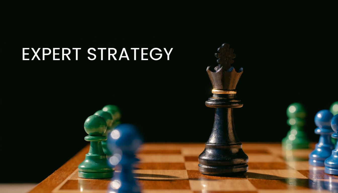 A black chess king stands on a board surrounded by green and blue pawns with text above.