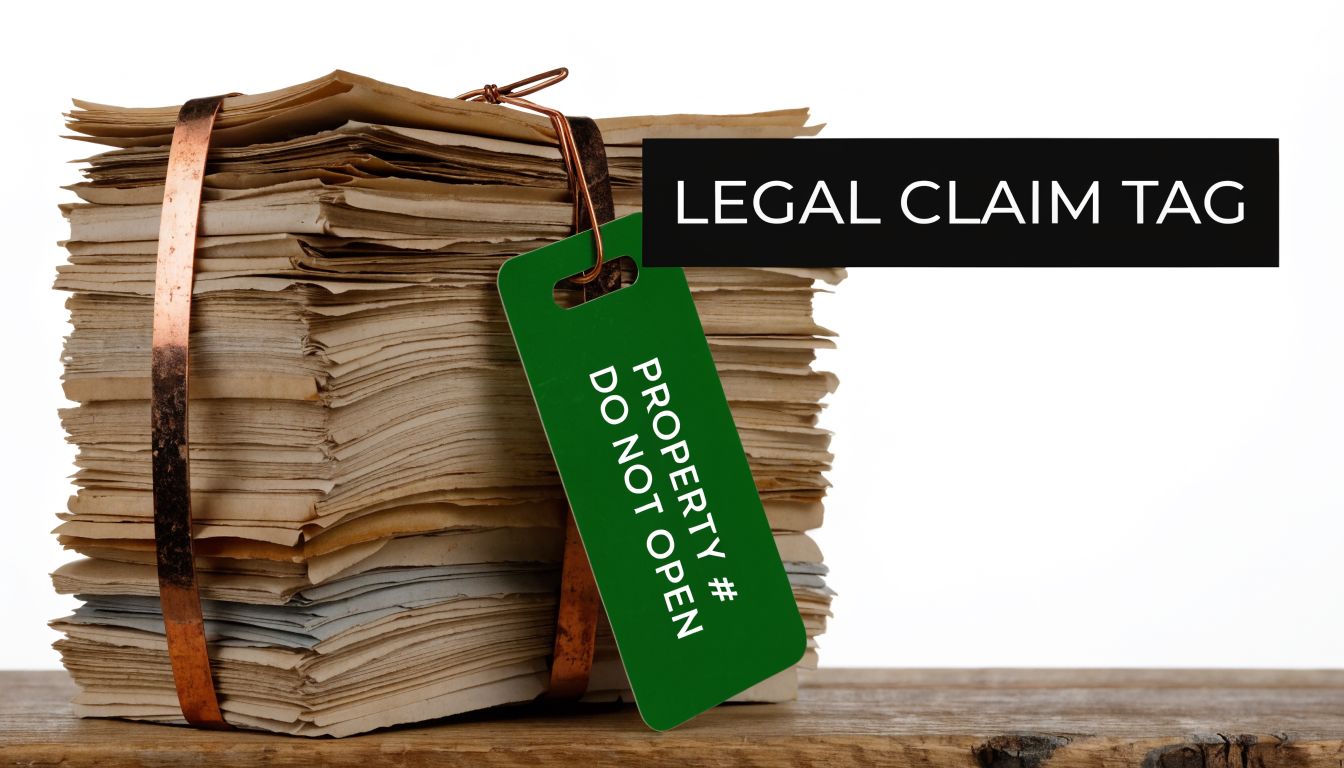 A stack of aged legal documents secured by copper wire with a green legal claim tag attached.