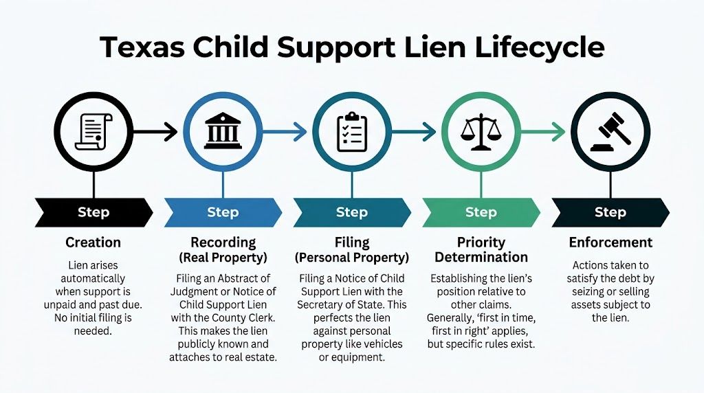 A diagram outlining the five-step lifecycle of a child support lien process in the state of Texas.