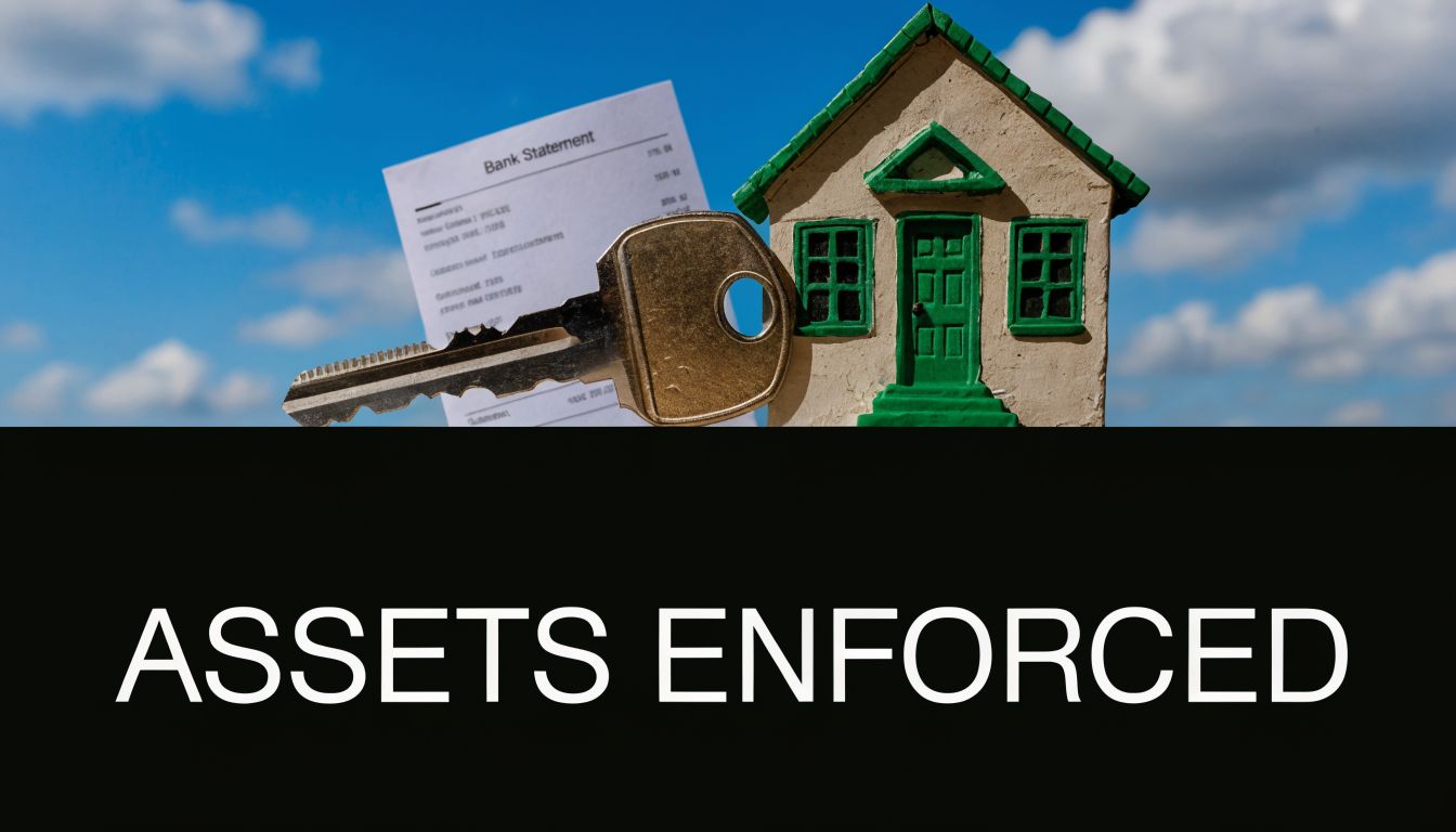 A house model and metal key sitting on top of a bank statement against a blue sky.