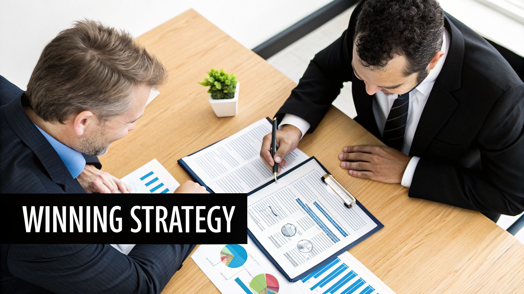 Overhead view of two businessmen in suits reviewing financial documents and charts, discussing a winning strategy.