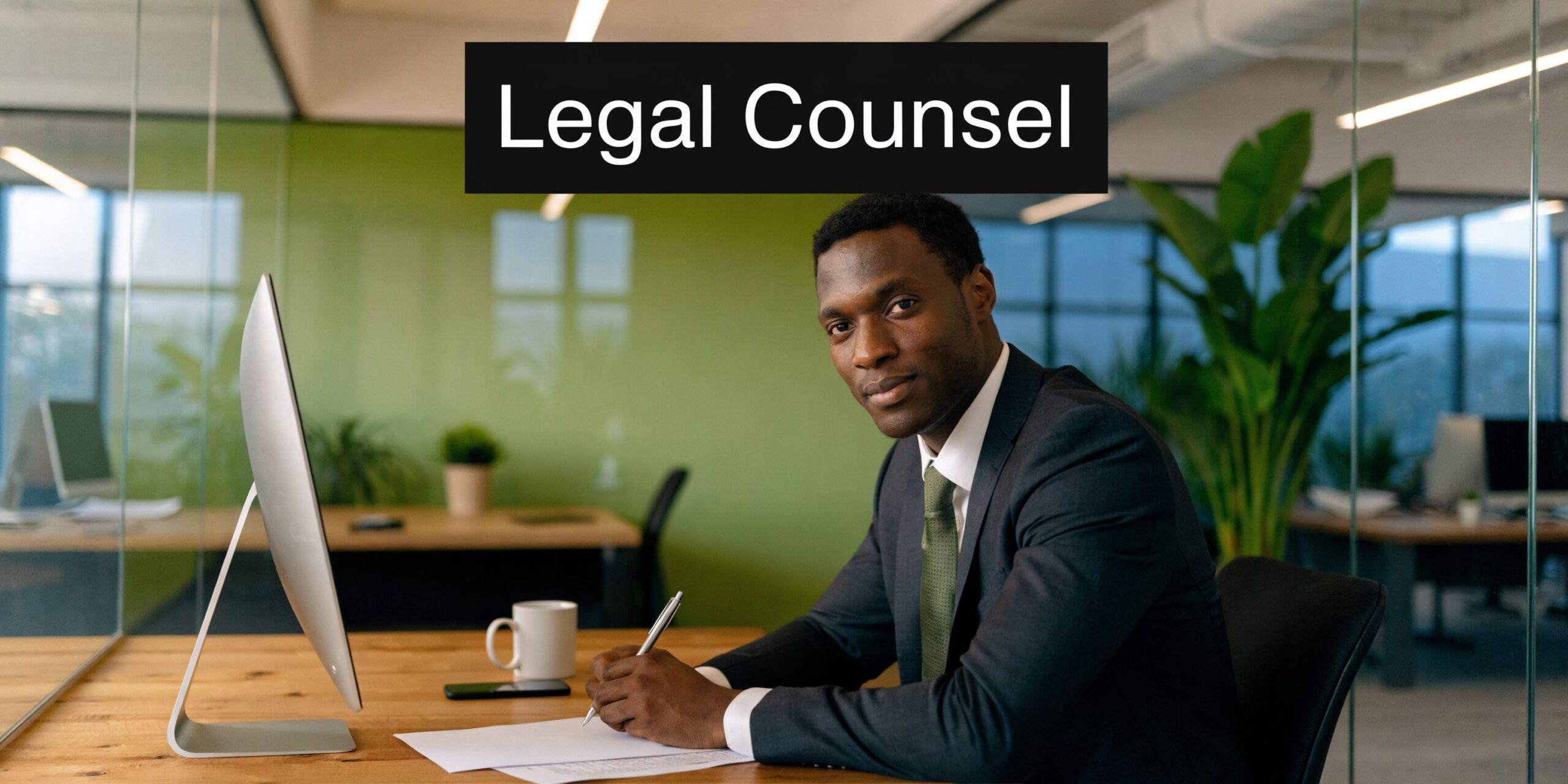 A professional Black male legal counsel in a suit sitting at a desk and writing on paper.