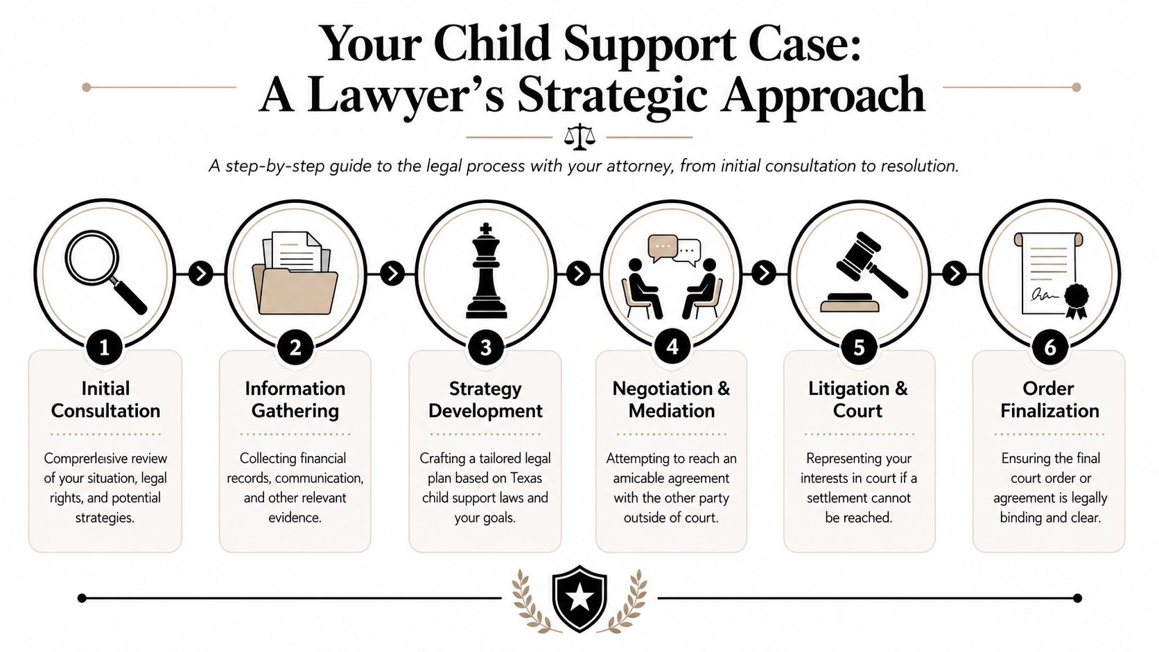 A six-step infographic detailing the strategic legal process for handling child support cases with an attorney.