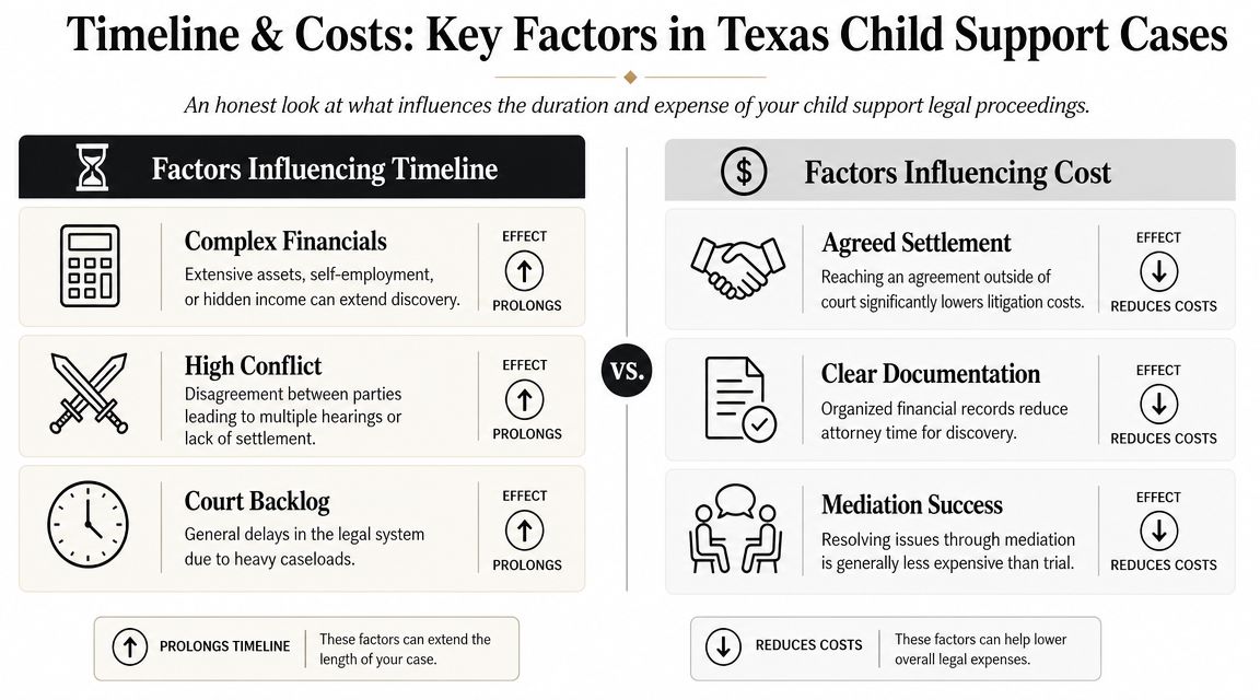 An infographic titled Timeline & Costs in Texas Child Support Cases explaining factors affecting legal proceedings.