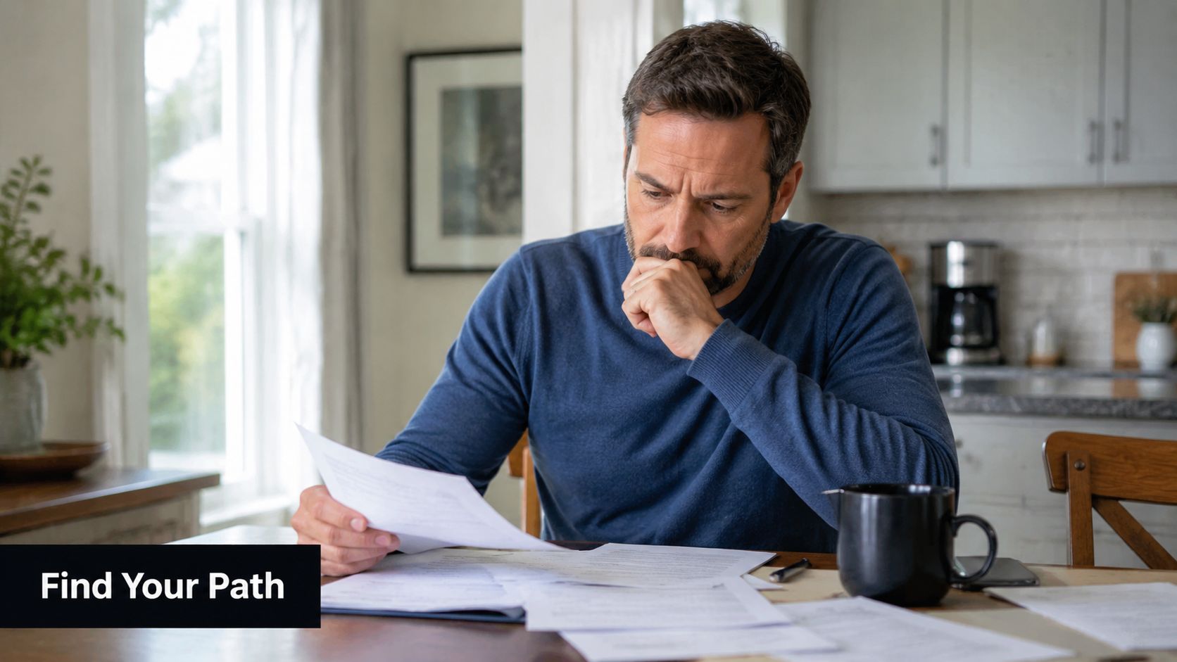 A concerned middle-aged man reviewing financial documents and paperwork at a kitchen table.