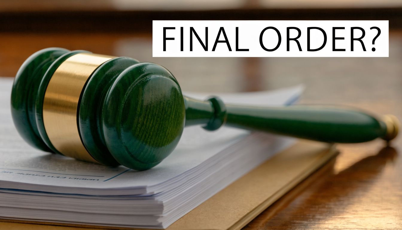 A judge's wooden gavel resting on a stack of legal documents with the text FINAL ORDER displayed above.