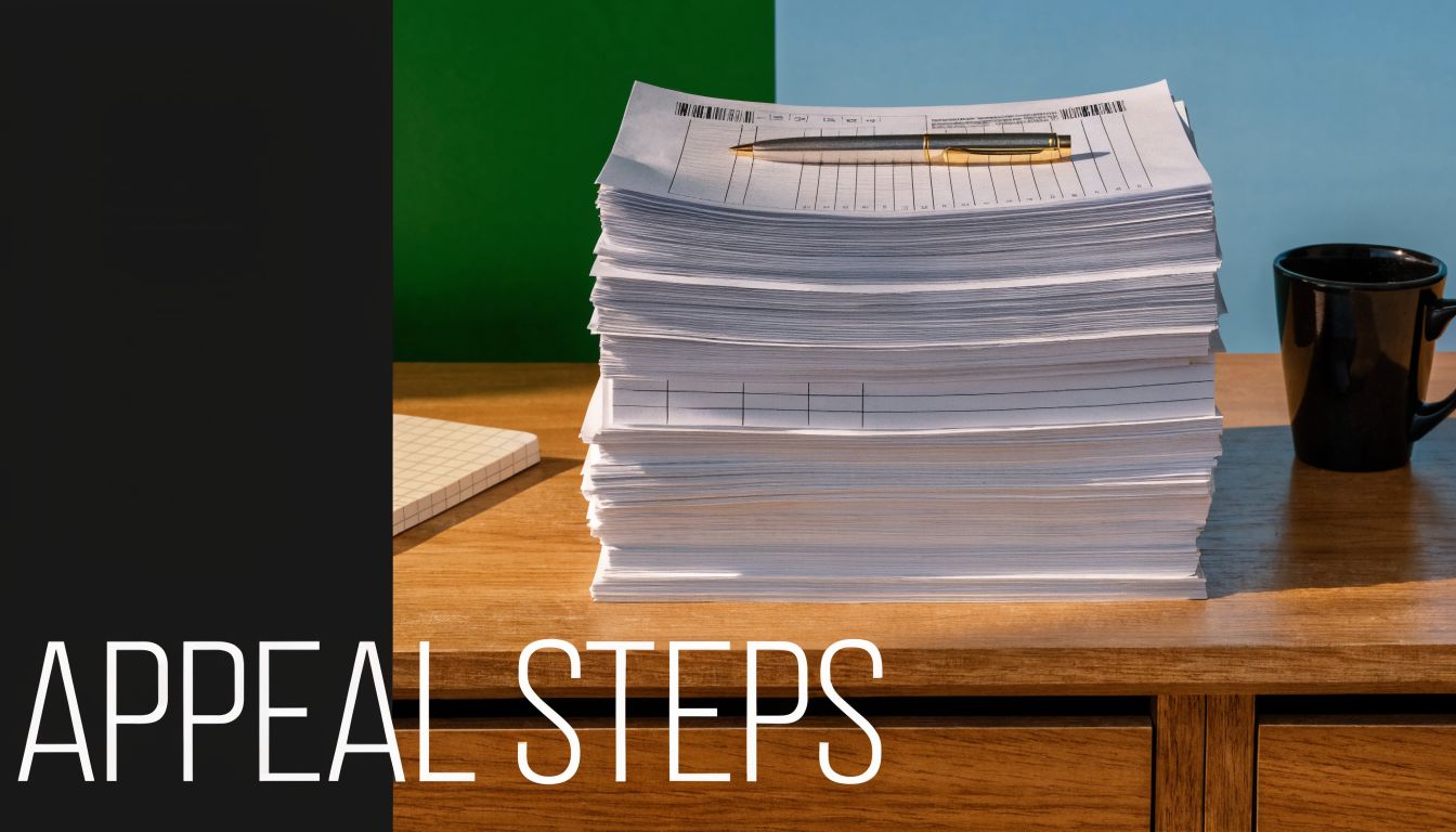A stack of papers with a pen on top on a wooden desk with a black coffee mug.