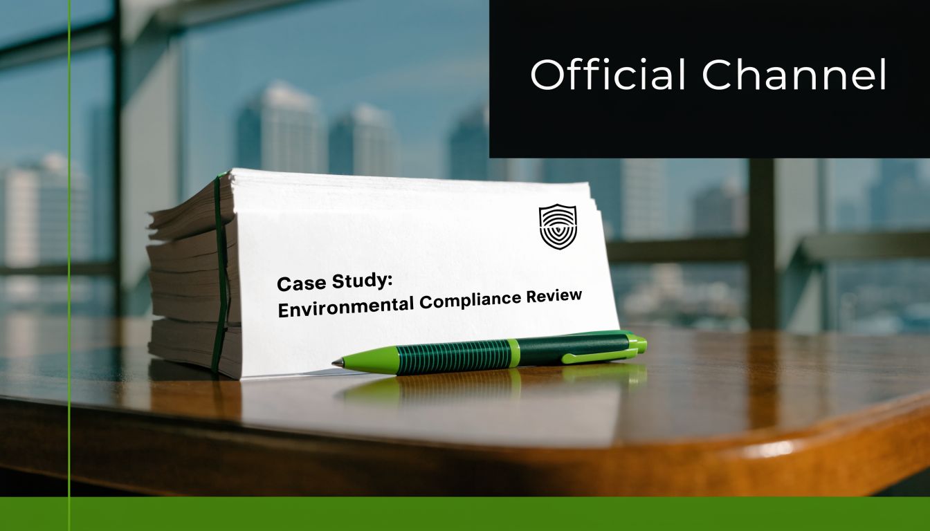 A stack of papers titled Case Study: Environmental Compliance Review next to a pen on a table.