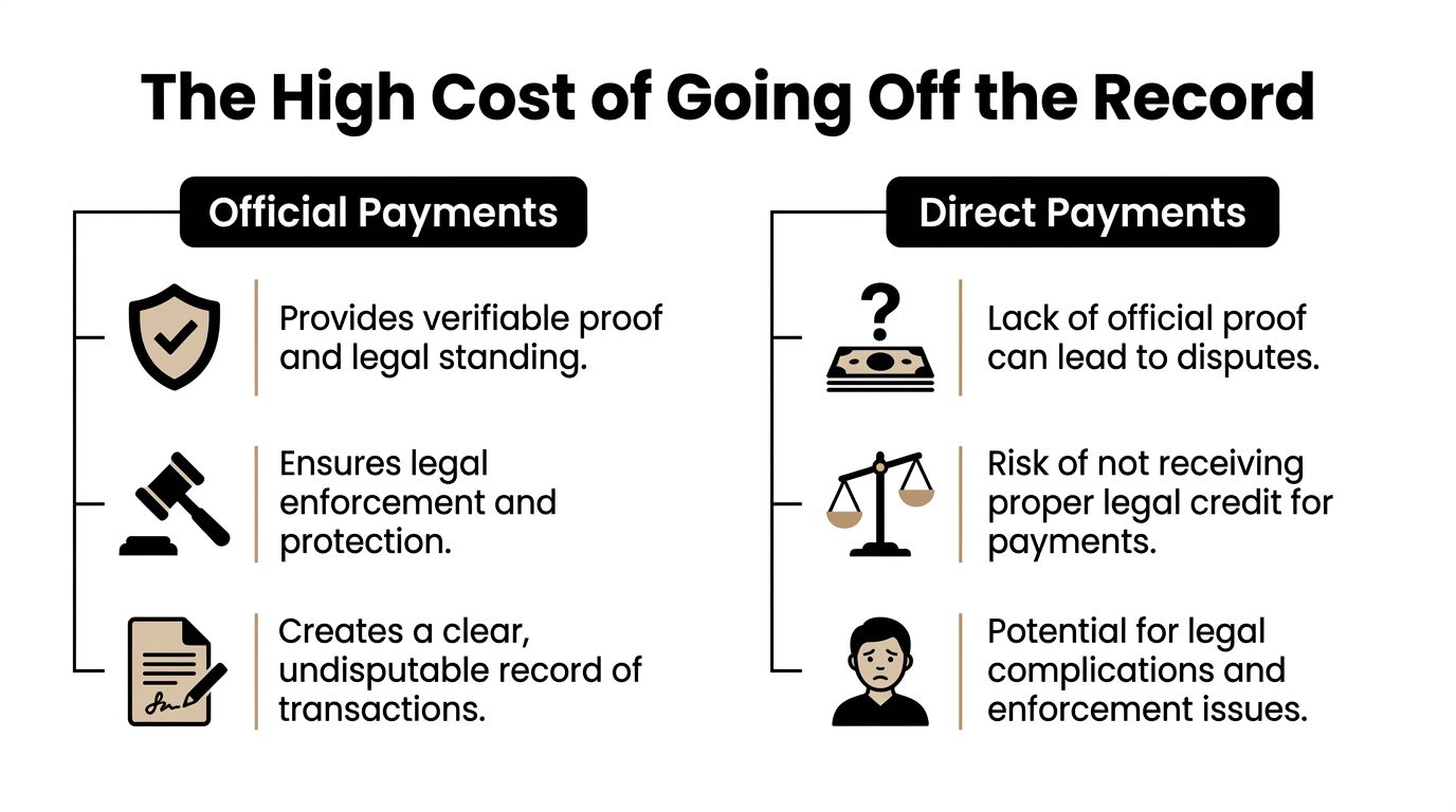 An infographic titled The High Cost of Going Off the Record comparing official payments versus direct payments.