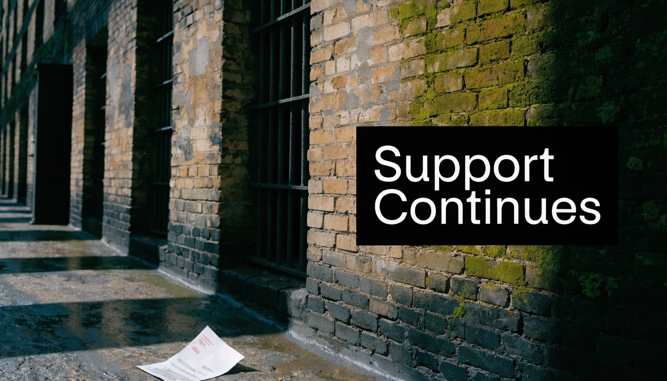 A legal document lying on the ground in front of a brick prison wall with bars.