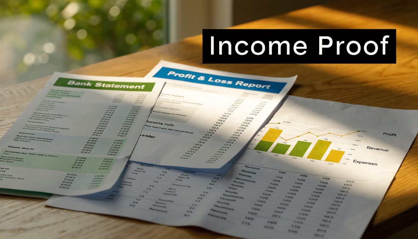 Financial documents including a bank statement and profit and loss report spread out on a wooden table.