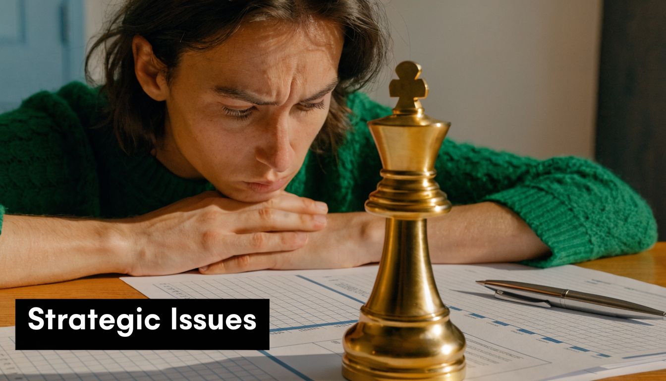 A person looking thoughtful while leaning over a document with a golden chess king piece