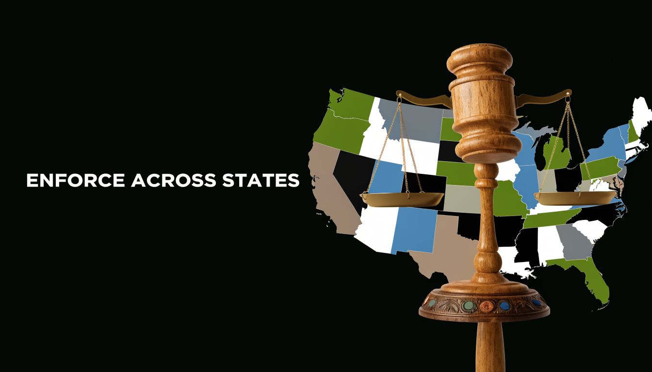A wooden gavel and scale of justice over a US map representing multi-state legal enforcement.